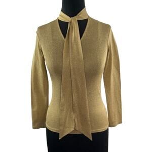 VINTAGE Jill Stuart Metallic Gold Blouse Knit Tie-Neck Long Sleeve Size Small S